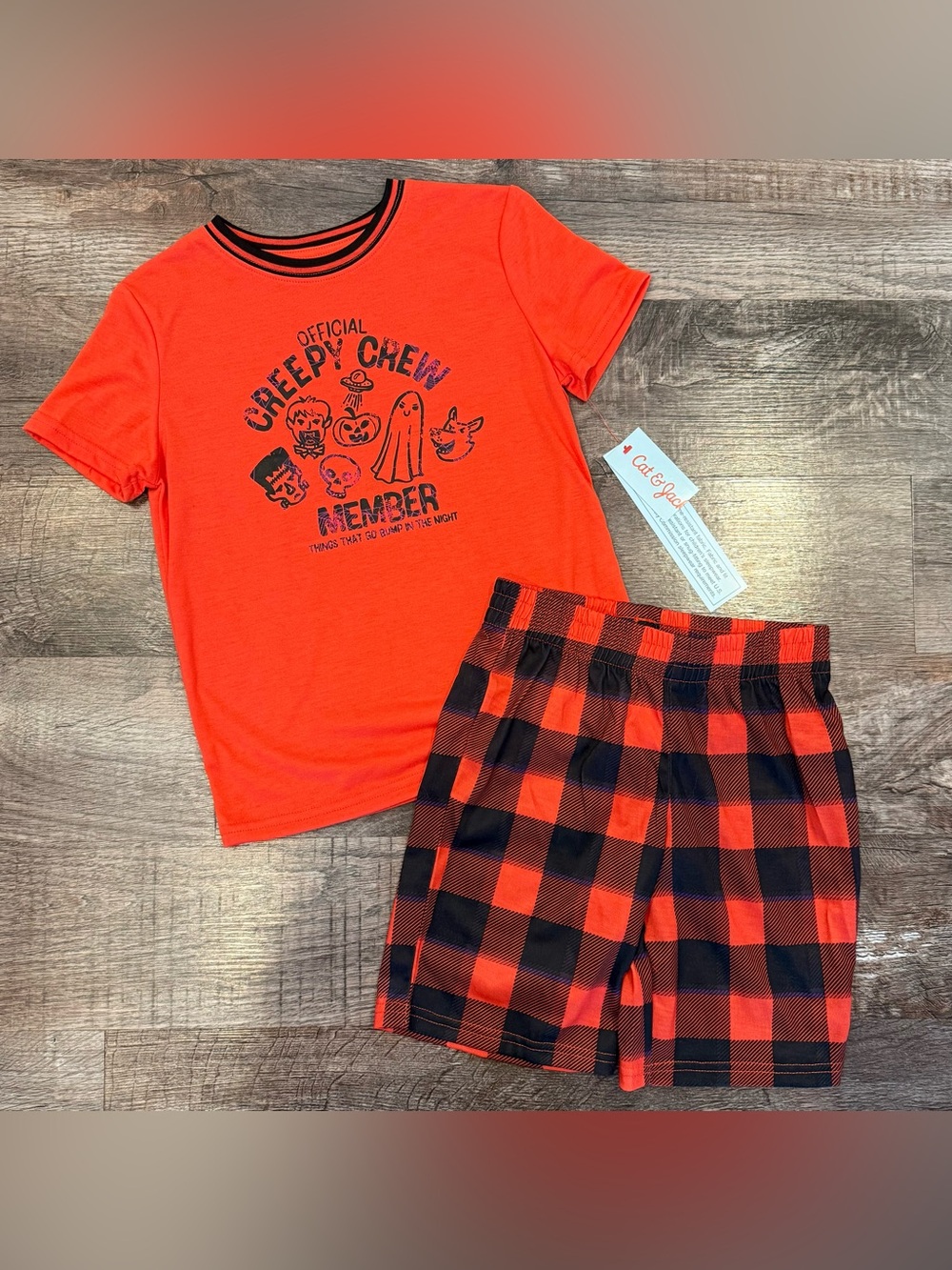 NWT Cat & Jack “Creepy Crew” Halloween Pajama Set Orange Checkered Small 6/7